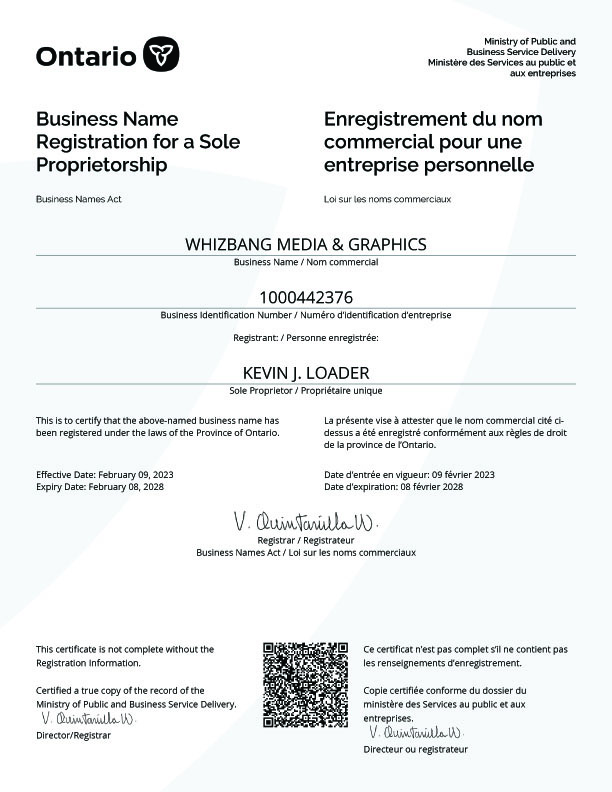 Certificate of Business Name Whizbang Media for a Sole Proprietorship Registration